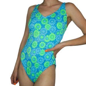 Vintage 80s Sunrays Neon Daisy Floral One Piece Swimsuit